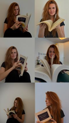 a woman is reading a book and posing for pictures with her hair blowing in the wind