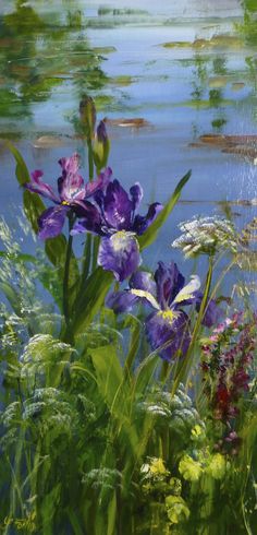 an oil painting of purple and white flowers by the water's edge with green grass