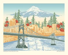 a large bridge over a river next to a tall mountain covered in snow and red flowers