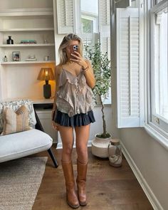 From my Stylebook Inspirations Mini Skirt Going Out Outfit, Flowy Mini Skirt Outfit, Brown Mini Skirt Outfit, Festival Outfits Ideas, Trendy Festival Outfits, Cool Girl Outfit, Summer Boots Outfit, Layering Ideas, Flowy Mini Skirt