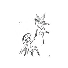 a black and white drawing of a fairy holding onto a wind chime with wings