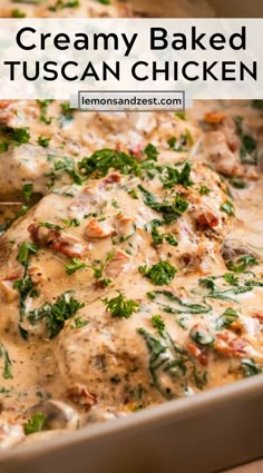 creamy baked tuscann chicken in a casserole dish