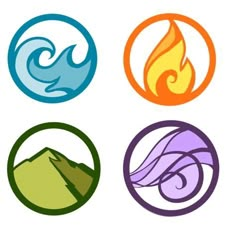 four different colored logos with mountains in the background