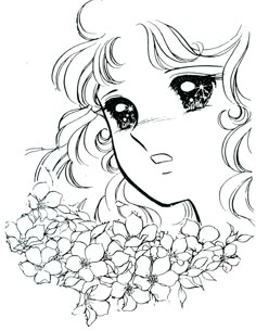 a drawing of a girl with flowers in her hair and eyes, looking at the camera