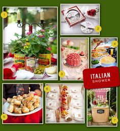 a collage of pictures with different food items and words on them that say italian shower