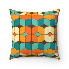 Retro Geometric Teal and Orange Mid Century Modern Faux Suede Square Pillow | lovevisionkarma.com Mid Century Couch Pillows, Throw Pillow Mcm, Midcentury Modern Pillow, 70s Cushions, Mod Throw Pillow, Vintage Design Style, Mid Century Modern Pillows, Retro Throw Pillows, Suede Pillows