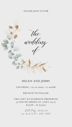 an elegant wedding card with the words,'the wedding of helen and jerry '