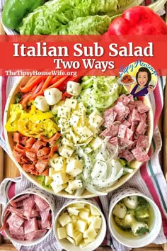 The photo shows a colorful, delicious low carb salad two ways. The brightly colored banner displays the name of the recipe, "Italian Sub Salad Two Ways." Italian Sub Salad Recipe, Italian Sub Salad, Sub Salad, Best Salads Ever, Italian Sub, Crunchy Salad, Fresh Salad Recipes, Low Carb Salad, Best Salad Recipes