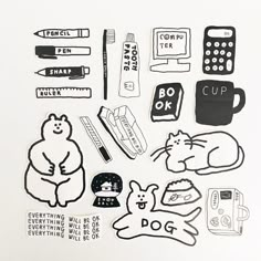 an assortment of stickers that include cats, dogs, and other things in black and white