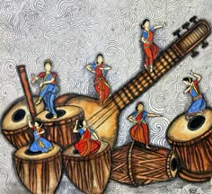 an artistic painting with people playing musical instruments