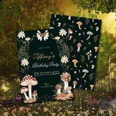 two birthday party cards with mushrooms and daisies in the forest, on black paper