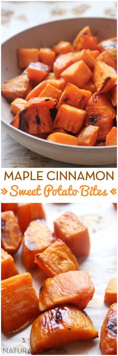 maple cinnamon sweet potato bites recipe in a bowl and on a plate with text overlay