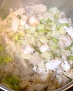 onions and celery are mixed together in a pot