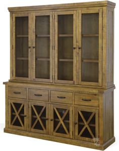 a large wooden cabinet with glass doors and drawers on the front, side by side