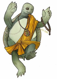 a drawing of a turtle wearing a yellow dress and holding a beaded necklace on its neck