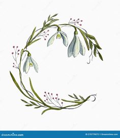 a watercolor painting of flowers and leaves in a circular frame on a white background