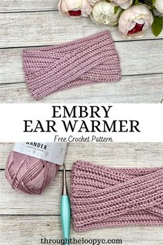 two crochet headbands with text that reads, embby ear warmer free crochet pattern