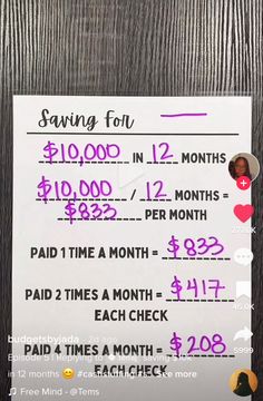 a sign that says saving for $ 10, 000 in 12 months per month paid 1 time a month each check