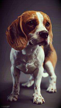 a brown and white dog standing on top of a floor