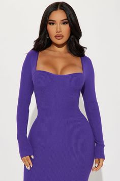 Available In Black, Purple, Mustard, Fuchsia, And White. Sweater Midi Dress Long Sleeves Sweetheart Neckline Ribbed Stretch Dress Length = 42" 80% Rayon 20% Polyester Imported | Jessie Sweater Midi Dress in Purple size Medium by Fashion Nova Sweater Midi Dress, Purple Midi Dress, Dress Long Sleeves, Xl Fashion, Sweater Dress Midi, White Sweater, Purple Fashion, Stretch Dress, Long Sleeve Midi Dress