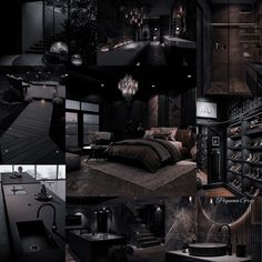 a collage of black and white photos shows a bed, sink, closets, shelves, and other items