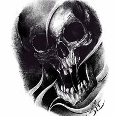 a black and white drawing of a skull with a helmet on it's head