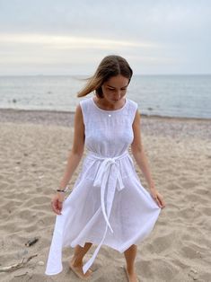 Vacation dress Summer linen dress Drop waist dress White | Etsy Flowy A-line Sleeveless Dress For Beach, Linen A-line Midi Dress For Vacation, Summer Beach A-line Linen Dress, Breezy Linen Dress For Day Out, Vacation A-line Linen Midi Dress, Flowy Linen Casual Sundress, Flowy Sleeveless Linen Dress For Daywear, Flowy A-line Sleeveless Beach Dress, Linen A-line Sundress For The Beach