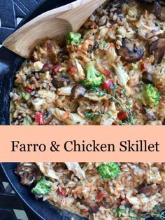 farro and chicken skillet with broccoli in it