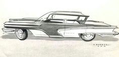 an old car is shown in this black and white drawing, with the hood up