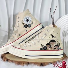 🌿 Love Embroidered Converse 🌿 ❤️ About Our Products: Each pair of shoes from our store is brand new and hand-embroidered to order. Please ensure you select the correct shoe size before checkout. The embroidery is durable and won't fade over time. ✨ Personal Expression: Showcase your unique style with custom embroidery! Contact me to create your own embroidered shoes with a private listing. I'll send you the design for approval before embroidering the shoes. Alternatively, you can design your p Cute Converse Designs, Orange Converse, Converse Embroidery, Girlfriend Clothes, Converse Design, Embroidered Converse, Cute Converse