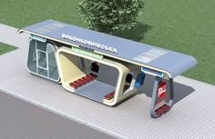 an artist's rendering of a bus stop with stairs leading up to the door