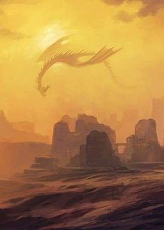 a painting of a dragon flying over a city