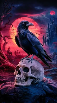 a black bird sitting on top of a skull