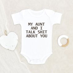 Gift for Niece/Nephew Funny Baby Onesie My Aunt And I Talk Shit About You Baby Onesie Baby Shower Gift Cute Baby Onesie HOW TO ORDER:1) Choose onesie2) Select design color if applicable3) Enter customization in “Add your personalization” field4) ADD TO CART5) Select from our shipping class optionsONESIE SIZES0-3 Months :: 21-24 in. / 6-12 Ibs.3-6 Months :: 24-26 in. / 12-16 Ibs.6-9 Months :: 26-28 in. / 16-20 Ibs.12 Months :: 28-30 in. / 20-24 Ibs.PERSONALIZATIONIF the item includes personalizat Baby Onesie Gift, Funny Baby Onesie, Announcement Onesie, Pregnancy Announcement Onesie, Custom Baby Onesies, Funny Onesies, Unique Baby Shower Gifts, Funny Baby Onesies, Niece And Nephew