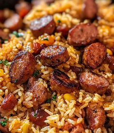 a close up of rice and sausage on a plate