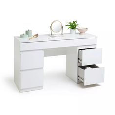 a white desk with two drawers and a mirror on the top one drawer is open