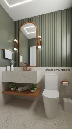 a white toilet sitting next to a sink in a bathroom under a mirror and lights