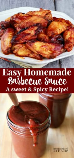 easy homemade barbecue sauce in a mason jar with chicken wings and bbq sauce on the side