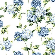 a yellow background with blue flowers and leaves on the bottom right corner is an image of hydrangeas in full bloom