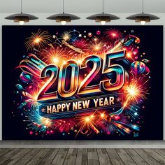 fireworks and new year's eve sign on a wall in an empty room with wooden floors