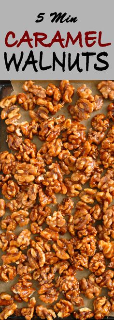 an image of some food that is on a sheet of paper with the words 3 minutes caramel walnuts