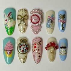 Alice in wonderland inspired gel nails #gelnails #3dnails #nailinspo #tendynails #nailsoftheday #nailsideas #nailart #coquette #cottagecore #coquetteanimals #nails2inspire Alice In Wonderland Nails, Coquette Nail, Wonderland Nails, Alice In Wonderland Inspired, Hello Nails, Coquette Cottagecore, Cute Acrylic Nail Designs, Pretty Gel Nails, Really Cute Nails