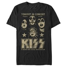 Dust off the leather pants, grab the vinyl records, and apply the face paint in these officially licensed tees for men and juniors from the classic metal band KISS! Featuring Gene Simmons, Paul Stanley, Peter Criss, and Ace Frehley, these tees are sure to bring back old memories and bring out the metal in your heart. Grab the hair spray and rock on! Size: 5xl. Color: black. Gender: male. Age Group: adult. Pattern: Celebrity. Material: Cotton. Queen Band T-shirt, Heart Shirts For Men, 80s Rock Shirts Band Tees, Band Kiss, Peter Criss, Old Memories, Ace Frehley, Men Kissing, Paul Stanley