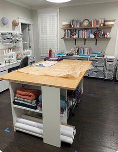 an image of a sewing studio with lots of crafting supplies on the counter top