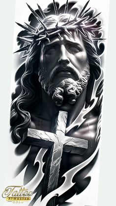 a black and white drawing of jesus holding a cross