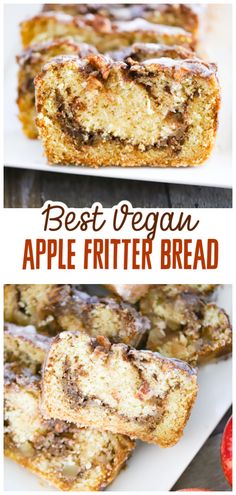 the best vegan apple fritter bread is cut in half and ready to be eaten