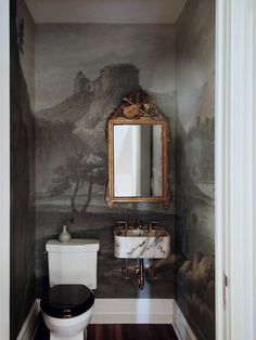 a bathroom with a toilet, sink and mirror in it's corner next to a painting on the wall