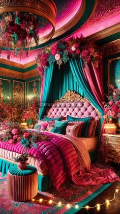 a bedroom decorated in pink, blue and green colors