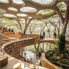 the inside of a library filled with lots of books and people sitting at desks