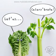 lettuce and celery with two speech bubbles above them that say let us